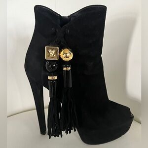 Louis Vuitton Black and Gold Fringe  Platform Heeled Booties